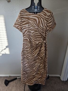 Beige Zebra Print Tie-Waist Dress